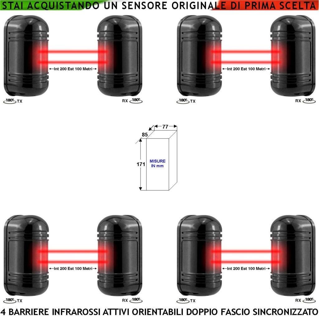 Sensore Passaggio Estranei 4 Pezzi Barriera Infrarossi Attivi Doppio Fascio Orientabile Segnala Allarme Intruso Protezione Lineare Portata 200 MT Interno 100 MT Esterno Collegamento Filare Alimen. 12V