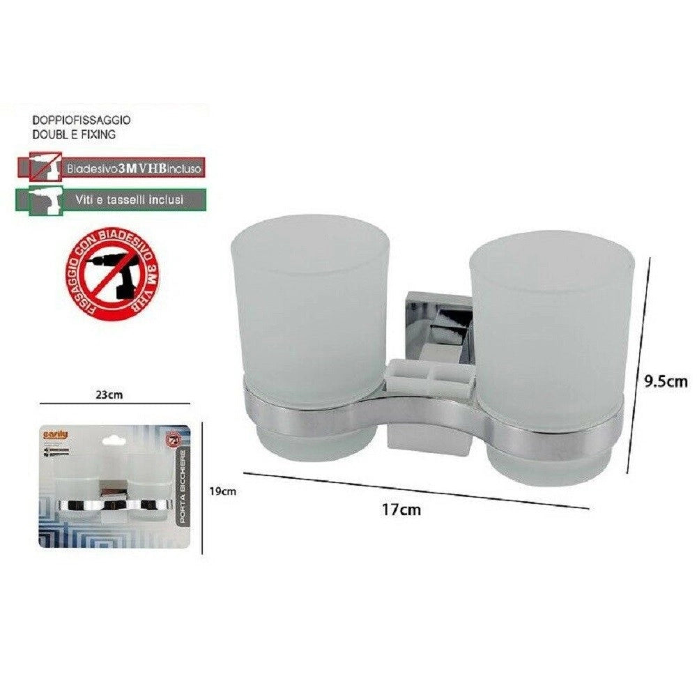 Trade Shop - Porta Spazzolino 2 Bicchieri Dentifricio Muro Parete Acciaio Vetro Square 59187 -