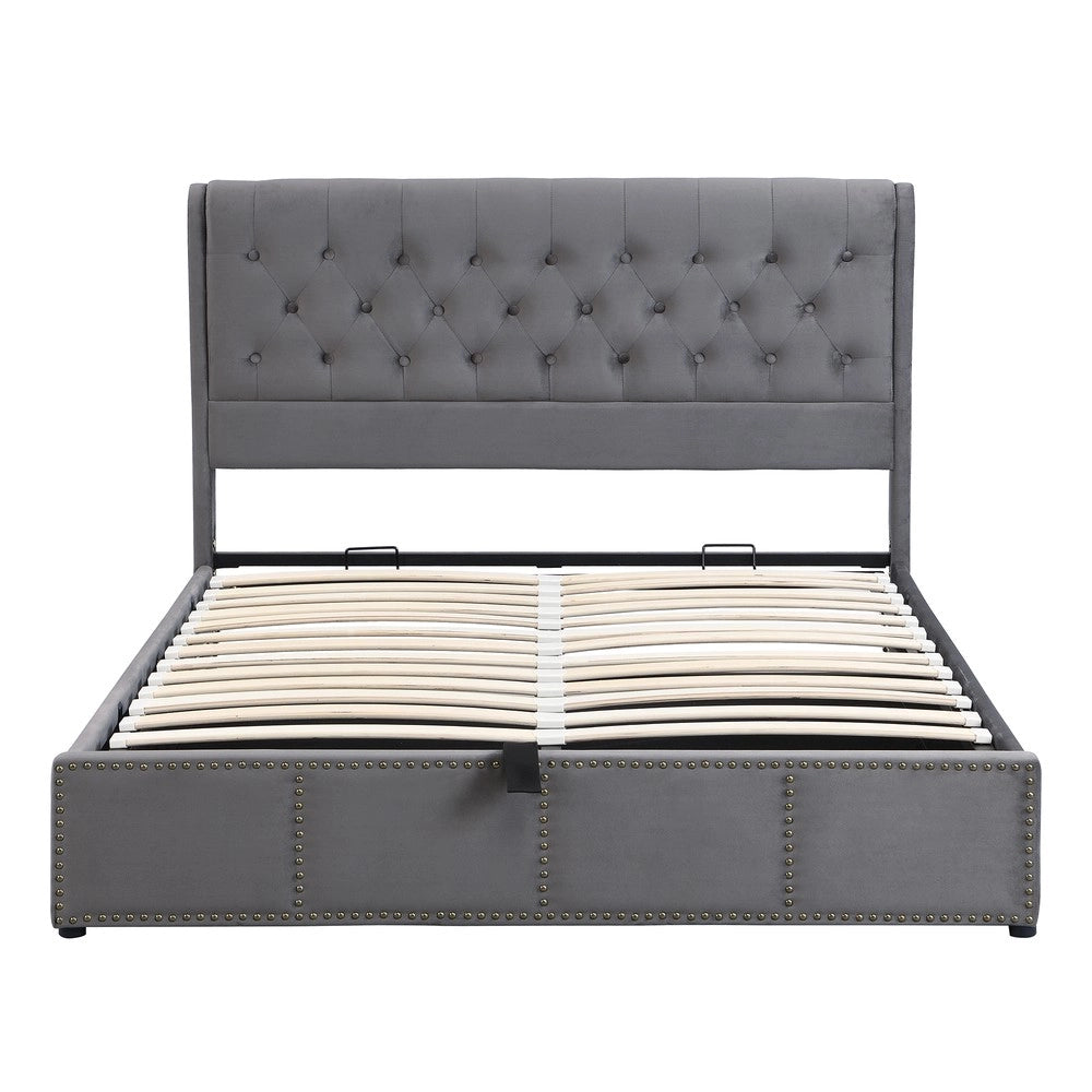 Letto Contenitore Imbottito con Rete a Doghe e Idraulico ¨C MINIMAL ¨C Velluto Grigio 140x200
