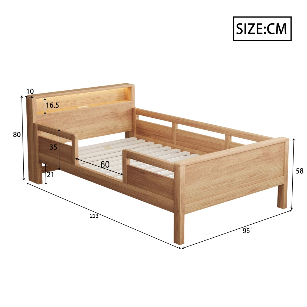 LETTO Bambini 90x200 cm in legno di pino naturale con LED e presa USB/Type-C
