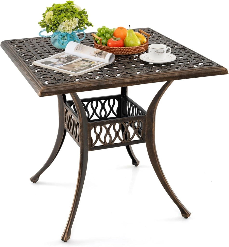 Tavolo da Giardino 80 cm, Tavolo Bistro Quadrato con Foro per Ombrellone da 4,8 cm, Tavolo da Esterno per 4 Persone, Tavolo da Pranzo per Giardino Piscina,Portata 75 kg