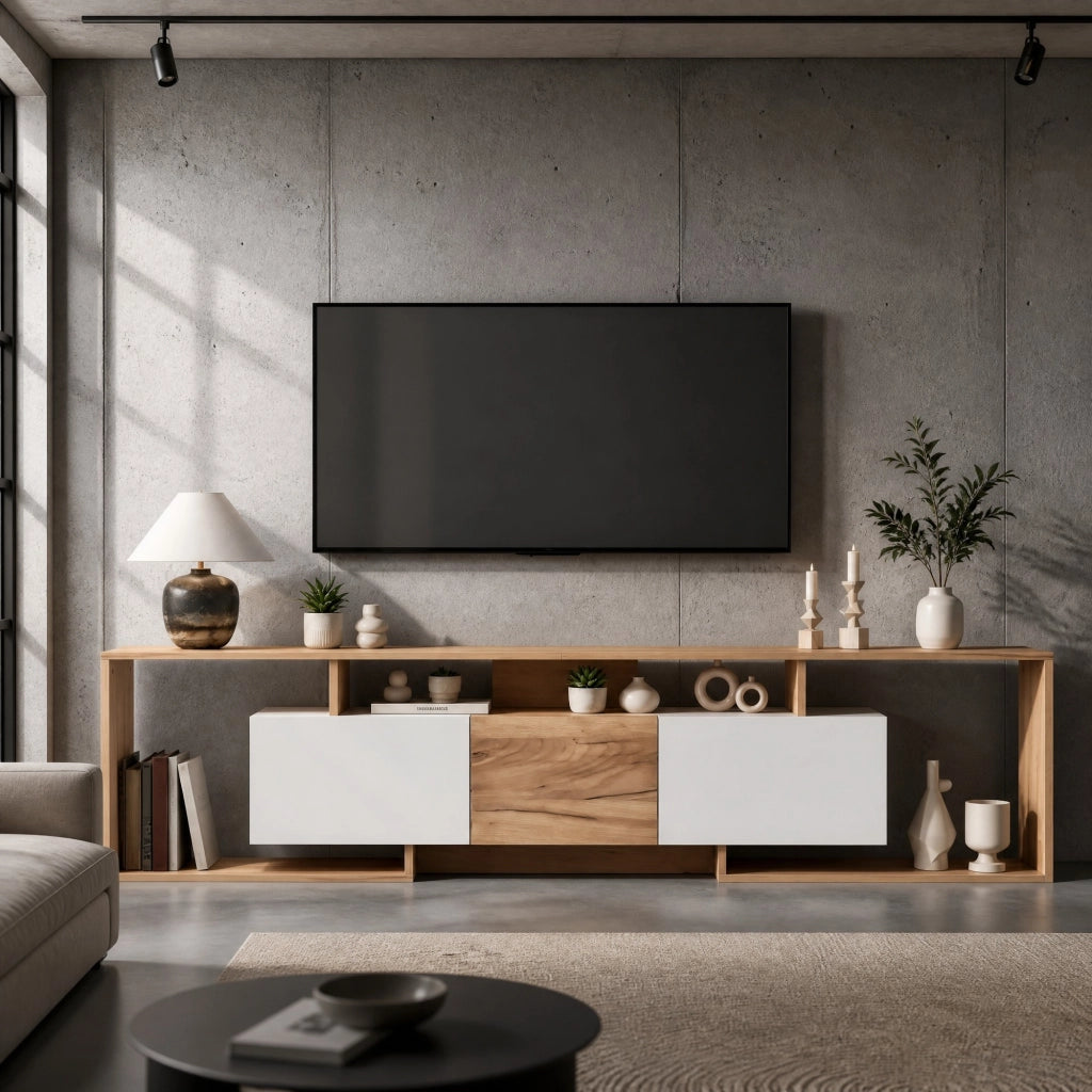 Mobile porta TV moderno bianco e legno naturale con 6 vani, ante richiudibili e ampio spazio