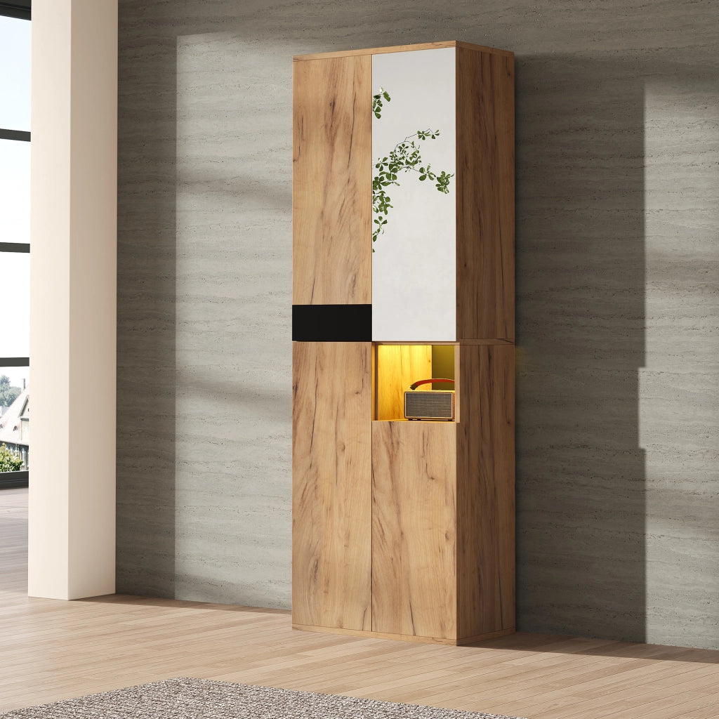 Armadio alto con specchio, quattro ante e vano a giorno, design moderno, colore nero e naturale, 65 x 35 x 190 cm
