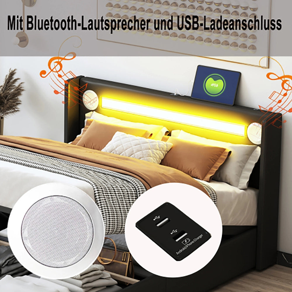 Letto matrimoniale con LED Bluetooth - Xylo - 140x200 cm - Nero - USB e rivestimento in similpelle