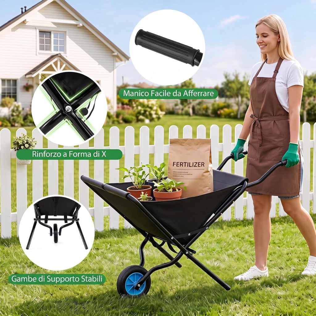 Carriola da Giardino Pieghevole con Tasca in Tessuto Oxford | Carrello da Esterno con Manico Antiscivolo, Struttura in Metallo, Ruota e Grande Capienza da Cortile e Fattoria