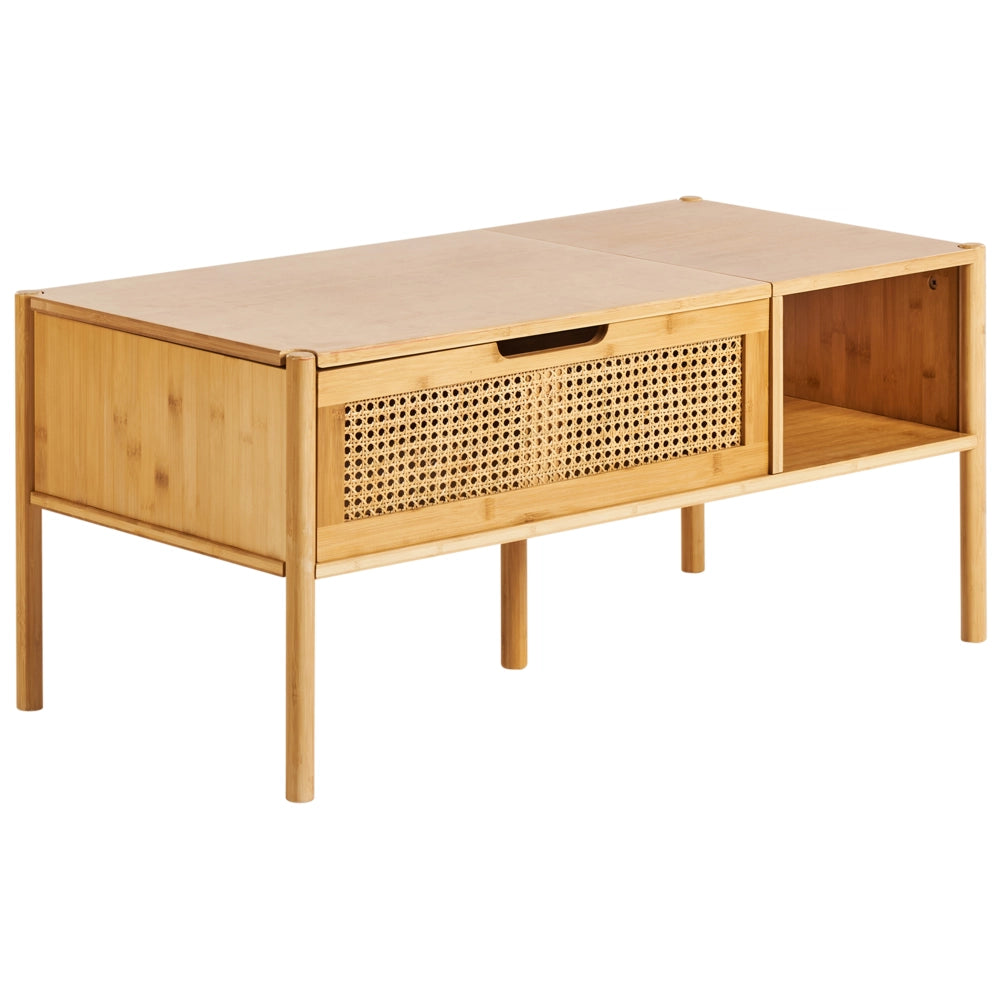 Tavolino da caffè in bambù naturale e rattan 99 x 48 cm con piano d'appoggio per il soggiorno in stile Boho