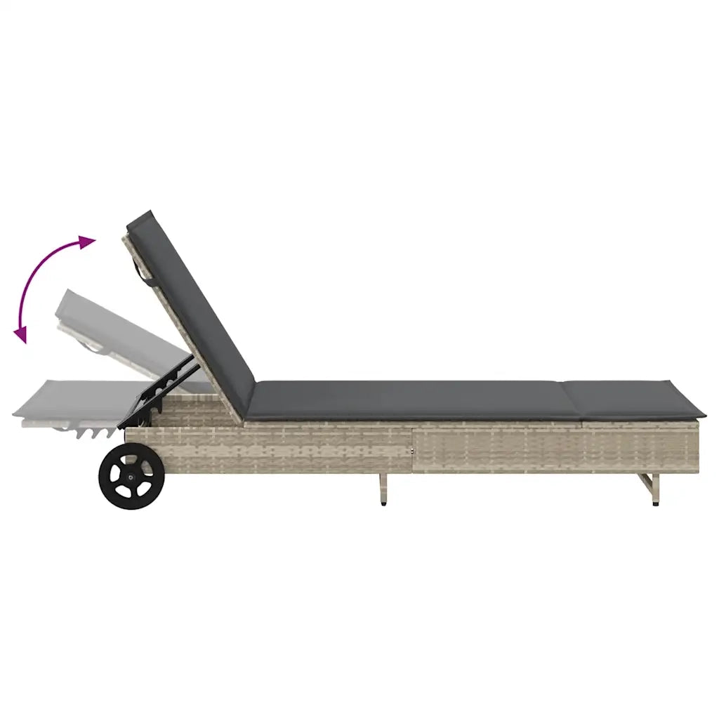 Lettino Prendisole | Sdraio da giardino | Lettino da sole con Ruote e Cuscino Polyrattan Grigio Chiaro
