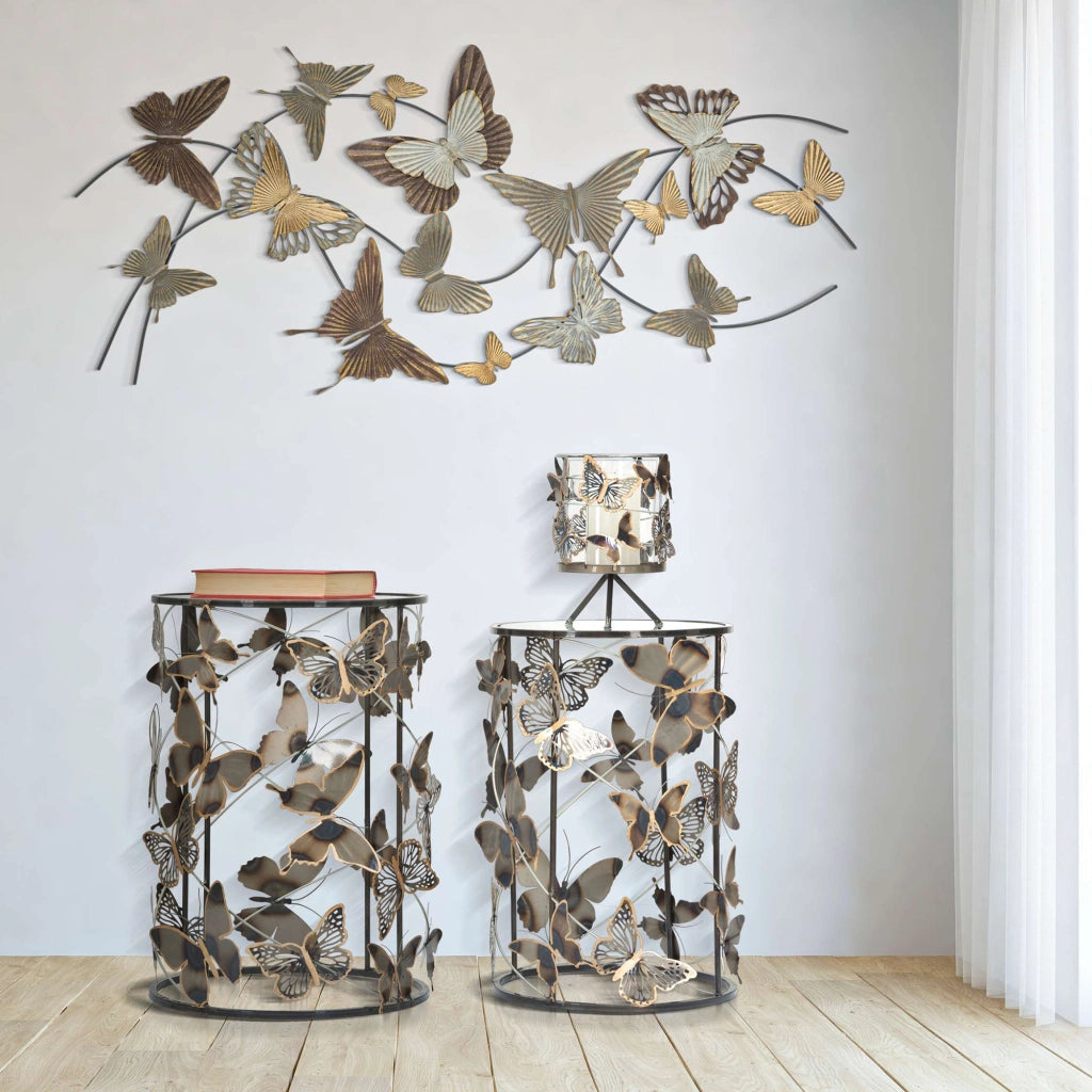 Dhulik, Tavolino da Salotto set da 2, Disegni con Farfalle, 41x41x55h cm Grigio