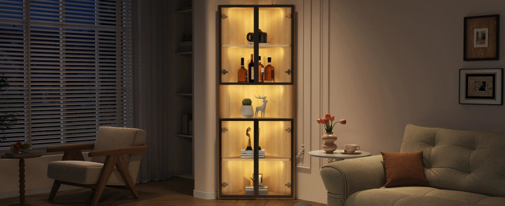 Vetrina angolare con LED, 1 anta e ripiani in MDF effetto rovere, per soggiorno e ufficio, 62 × 32 × 160 cm