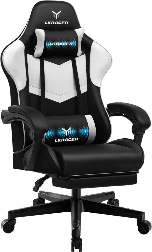 Sedia da gioco con poggiapiedi, ergonomica, con cuscino lombare regolabile, cuscino da gaming, sedia da gamer, altezza regolabile, portata 150 kg, colore: bianco