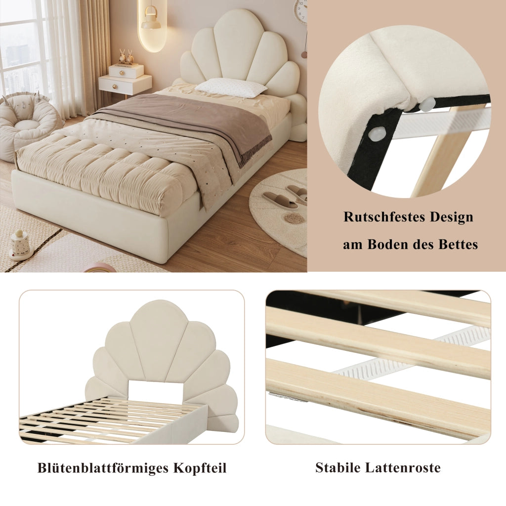 Letto singolo imbottito, testiera con petali curvi, semplice, elegante e confortevole, struttura letto moderna, velluto, beige, 90x200 cm