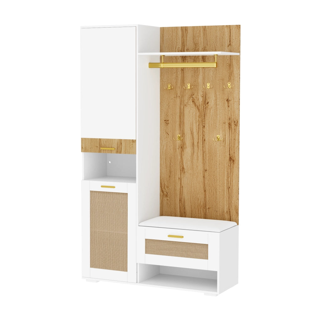Set da ingresso con armadio a 3 ante, specchio, panca, vani a giorno e 6 ganci, MDF bianco e legno