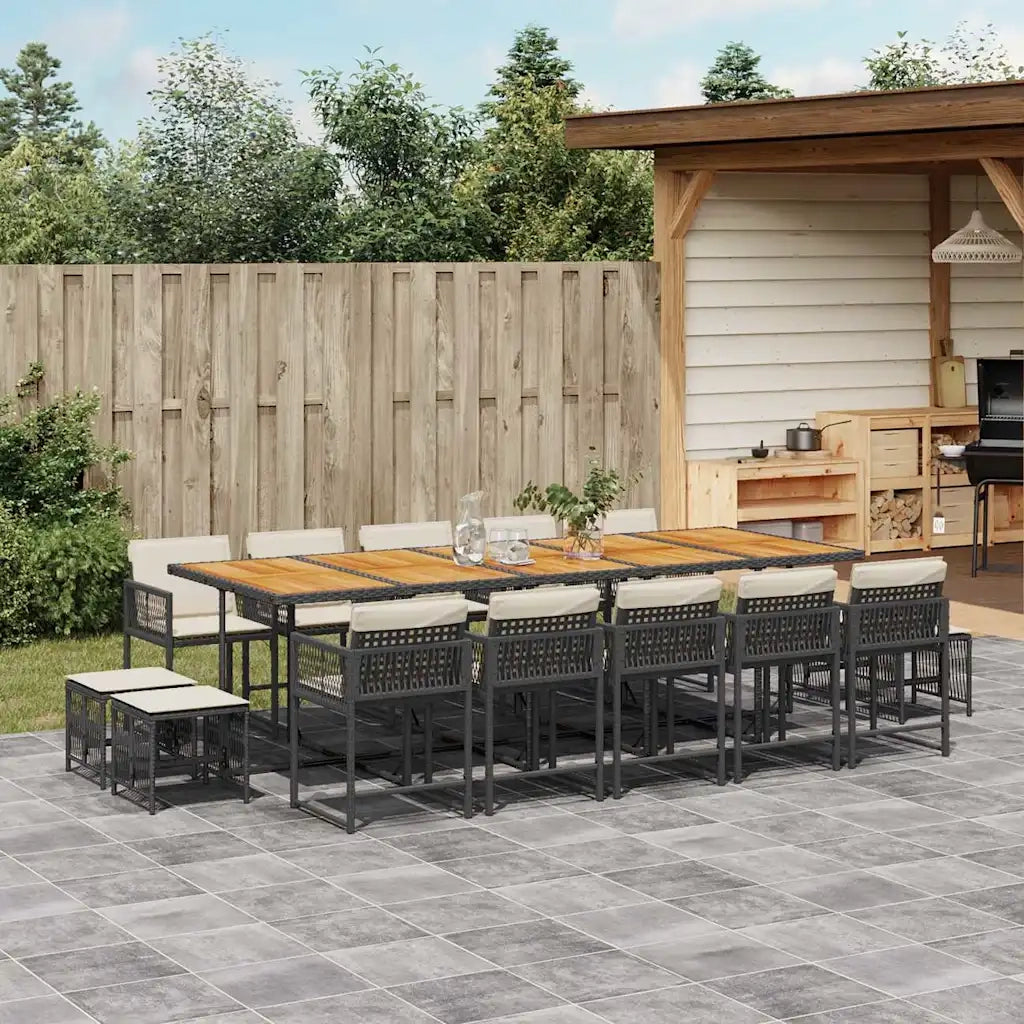 Set da Pranzo da Giardino 15 pz con Cuscini Nero in Polyrattan