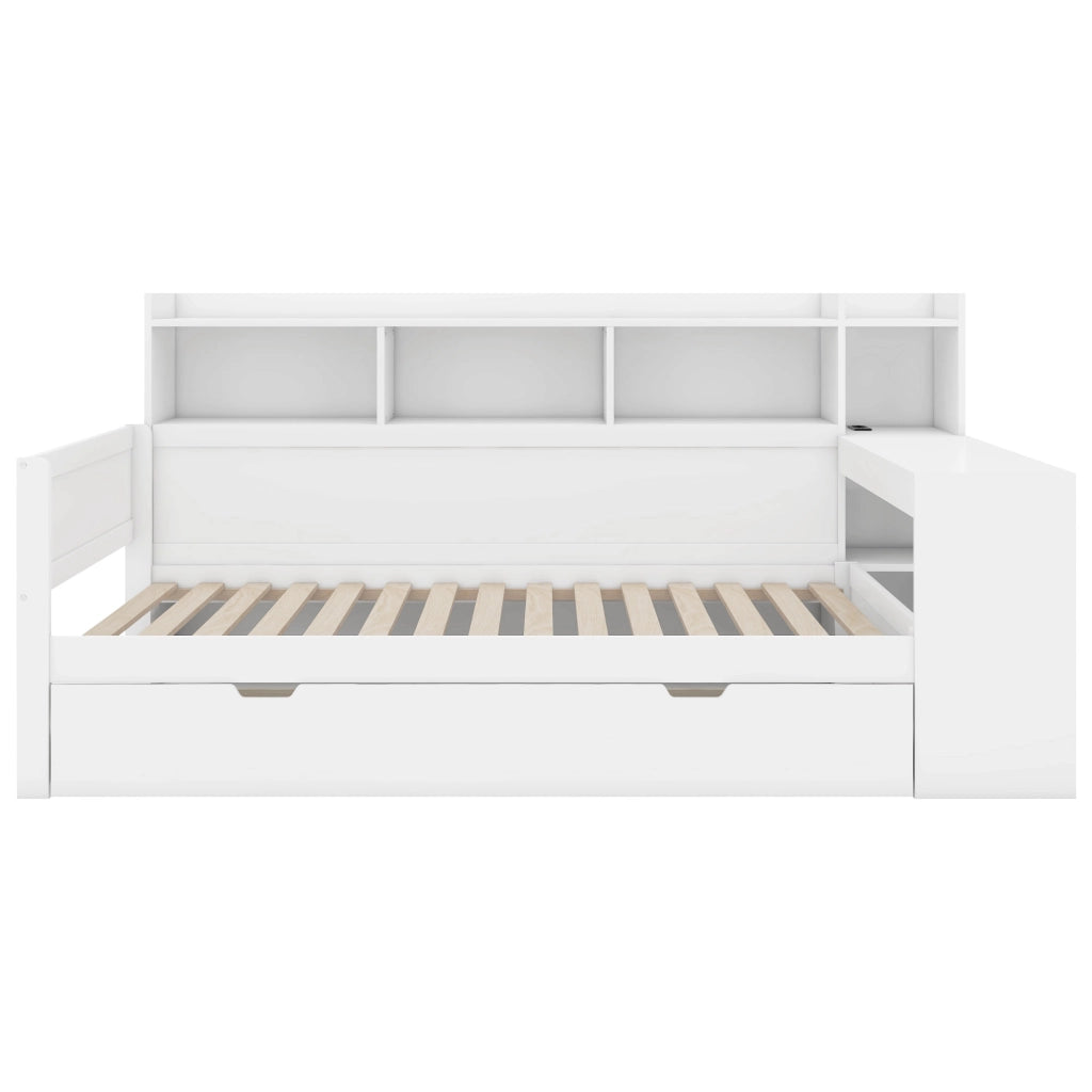 OKWISH Letto a Divano 90×200 cm, Letto Singolo con Presa, USB, 2 Cassetti, Scrivania e Mensole, senza Materasso, Bianco