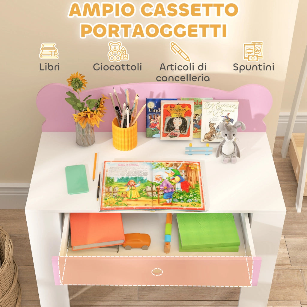 Banco Scuola con Sedia per Bambini Schienale a Orsetto Età 3-8 Anni in MDF e Legno Rosa