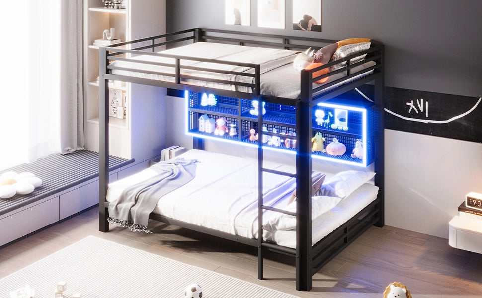 DESMIU Letto a castello 140 × 200 cm 2 posti con 6 vani e LED, senza materasso, in metallo, nero