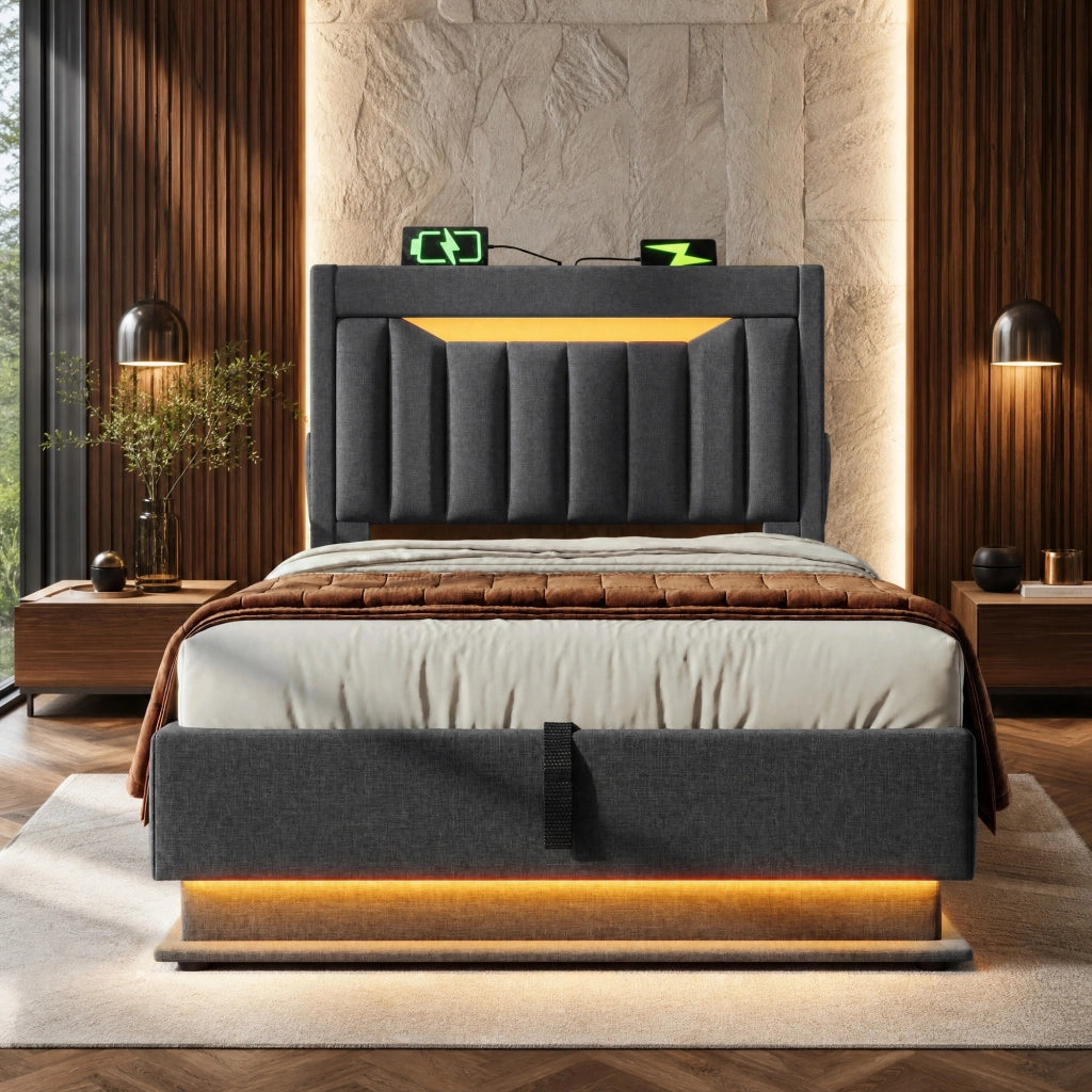 Letto singolo imbottito 90x200 cm con LED, testiera con ricarica USB e Type-C, grigio