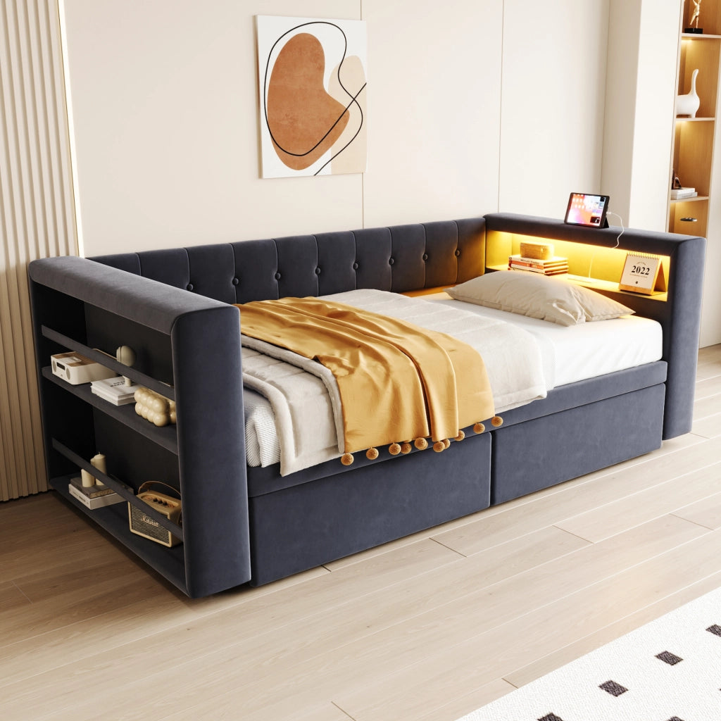 DESMIU Lit simple 90 × 190 cm con LED multicolore, prese, vani e cassetti, senza materasso, grigio scuro