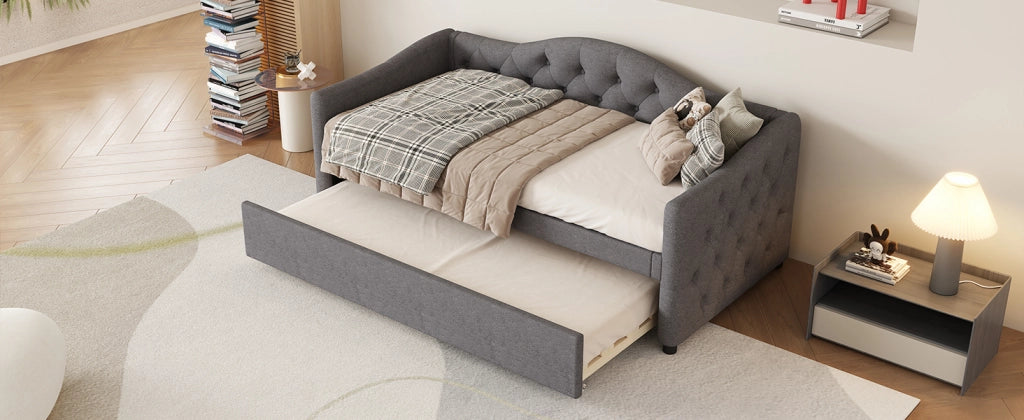 Letto divano 90 × 200 cm con letto estraibile, senza materasso, in lino, grigio, per camera e soggiorno
