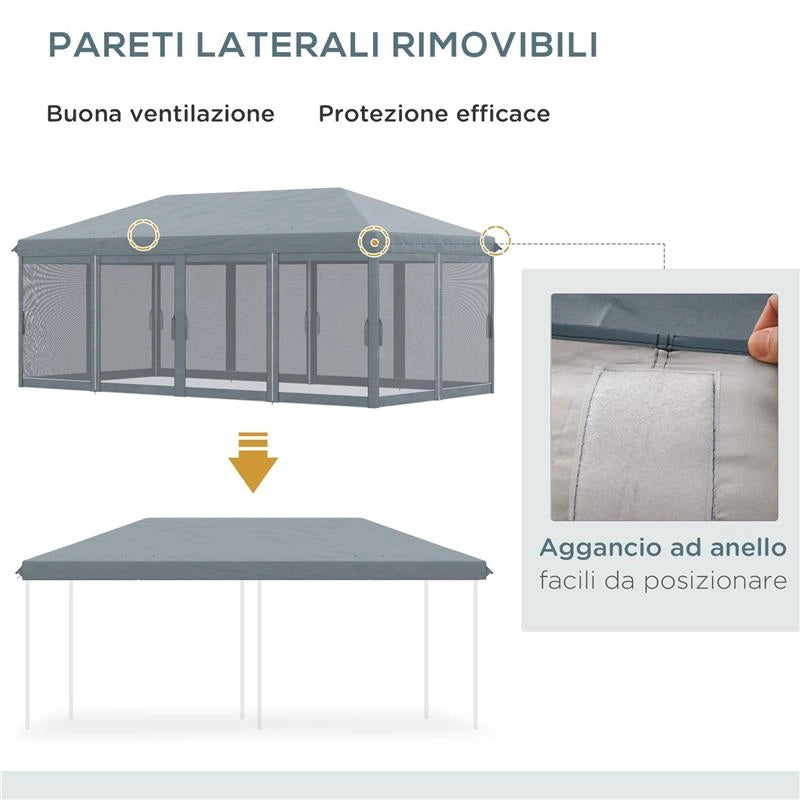 GAZEBO DA GIARDINO PIEGHEVOLE 6X3 M CON 6 ZANZARIERE E PULSANTE IN ACCIAIO E POLIESTERE GRIGIO