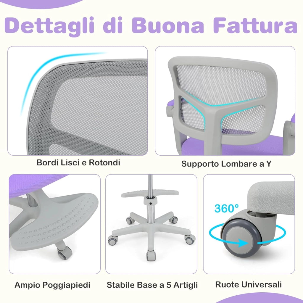Sedia da Scrivania Bambini Girevole, Altezza Regolabile, Sedia da Studio per Ragazzi con Braccioli a Ribalta e Poggiapiedi, Poltrocina in Rete per Bambini 3-15 Anni, Portata 150 kg (Viola)