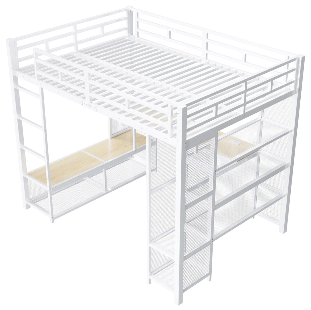 Letto a soppalco 140x200 cm con scrivania; LED e armadio aperto in metallo e MDF bianco