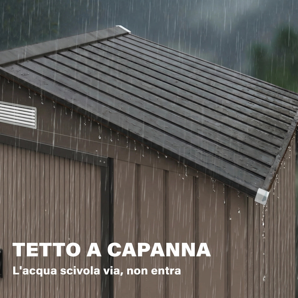 Casetta da Giardino in Metallo con Prese d'Aria e Doppia Porta Scorrevole. 2.1x1.3m. Marrone