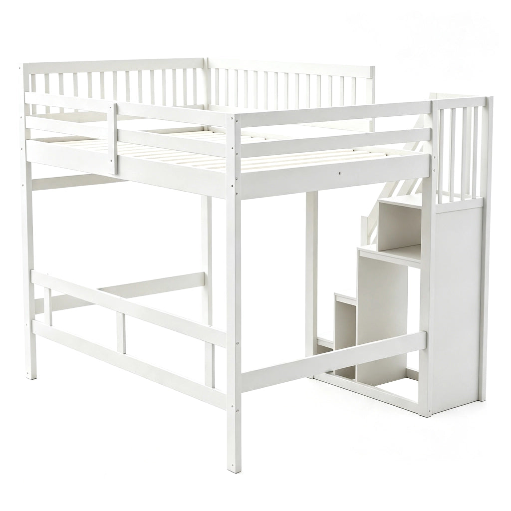 DESMIU Letto a soppalco 2 posti con scala contenitore e sponde alte 140 × 200 cm, senza materasso, bianco