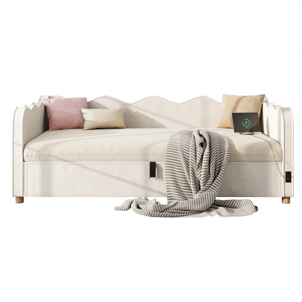 Letto 90x200 cm con contenitore idraulico, rete a doghe e porte USB/USB-C in velluto beige