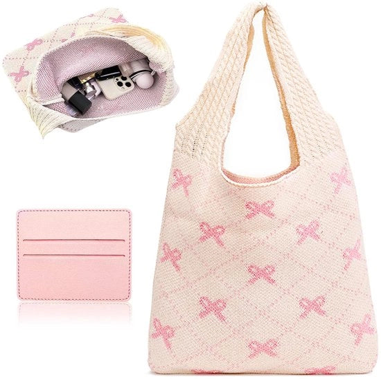 Borsa beige con punti rossi, borsa per la spesa con 1 cartellino rosso, borsa a forma di cuore per donne, borsa intrecciata, ideale per ragazze e donne