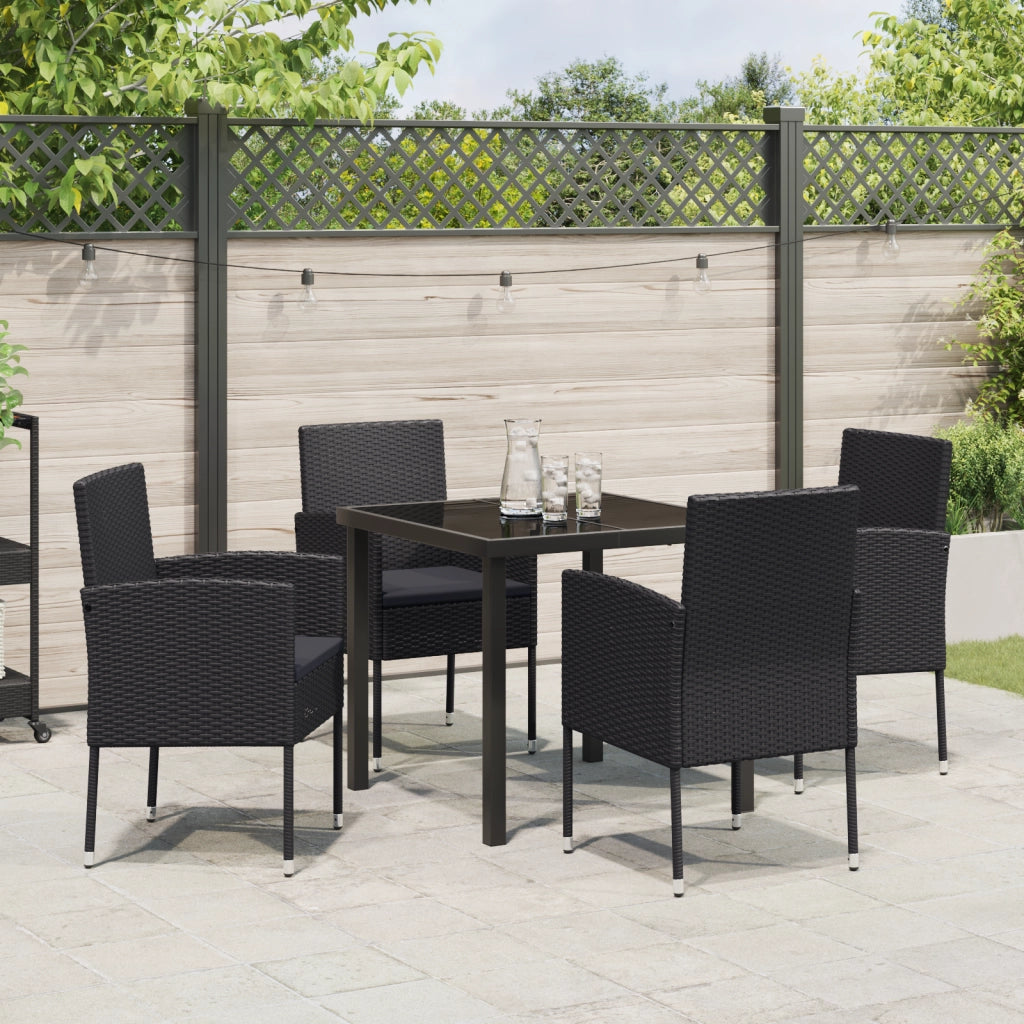 Set da Pranzo da Giardino 5 Pezzi con Cuscini Neri in Rattan Poligonale