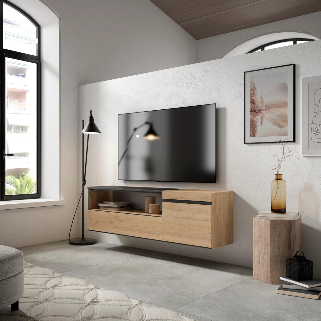 Mobile TV Soggiorno, 150x35x45cm, Per TV fino a 65", da appendere, colore Rovere e nero RF2429