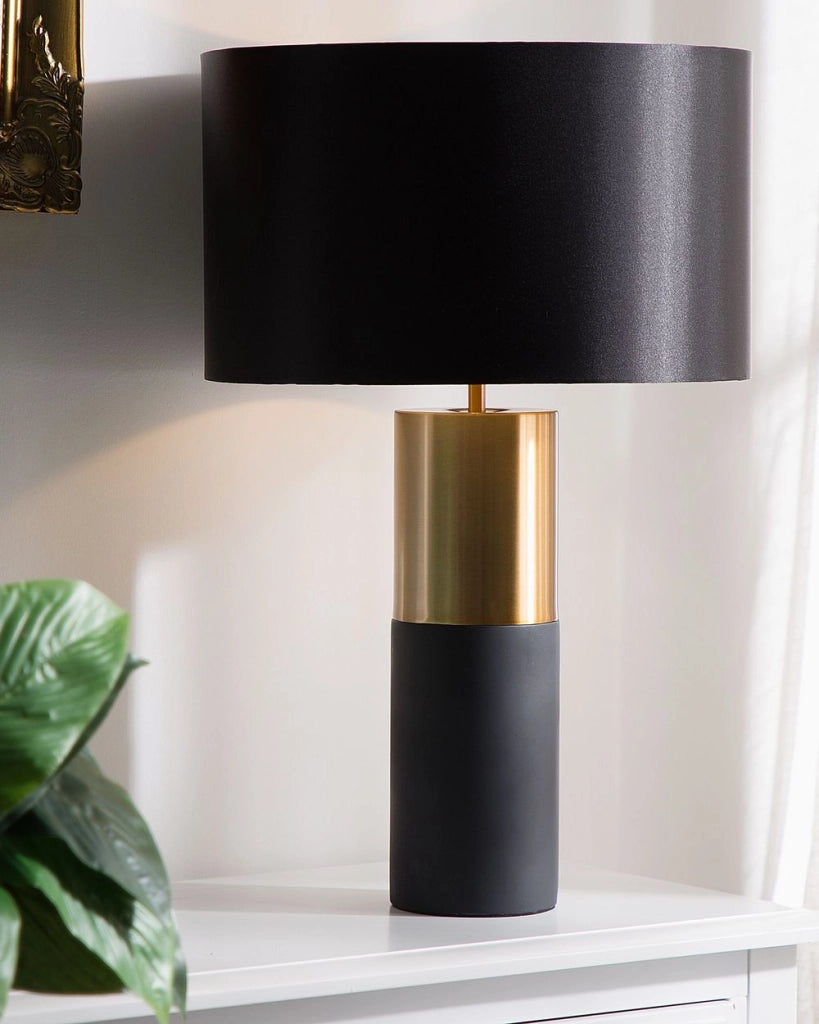Lampada da Tavolo Comodino Grigio Chiaro Base Rotonda Tessuto Nero Paralume Rotondo Tamburo