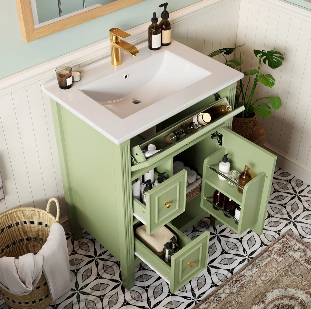 Mobile bagno freestanding 61 cm in MDF e ceramica; verde lucido; con lavabo e 2 cassetti