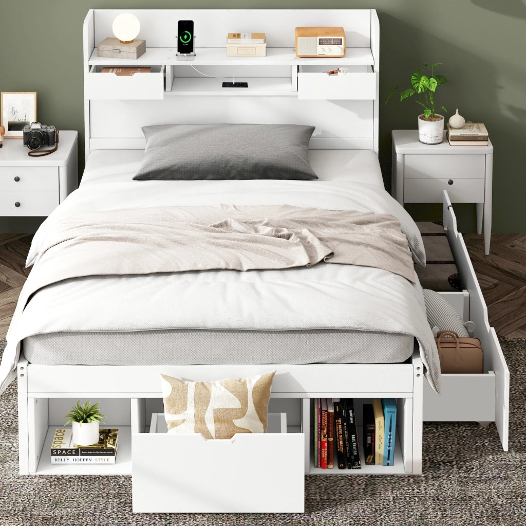 Letto singolo 90x200 cm con USB e grande spazio; pino e MDF; bianco (Senza materasso)
