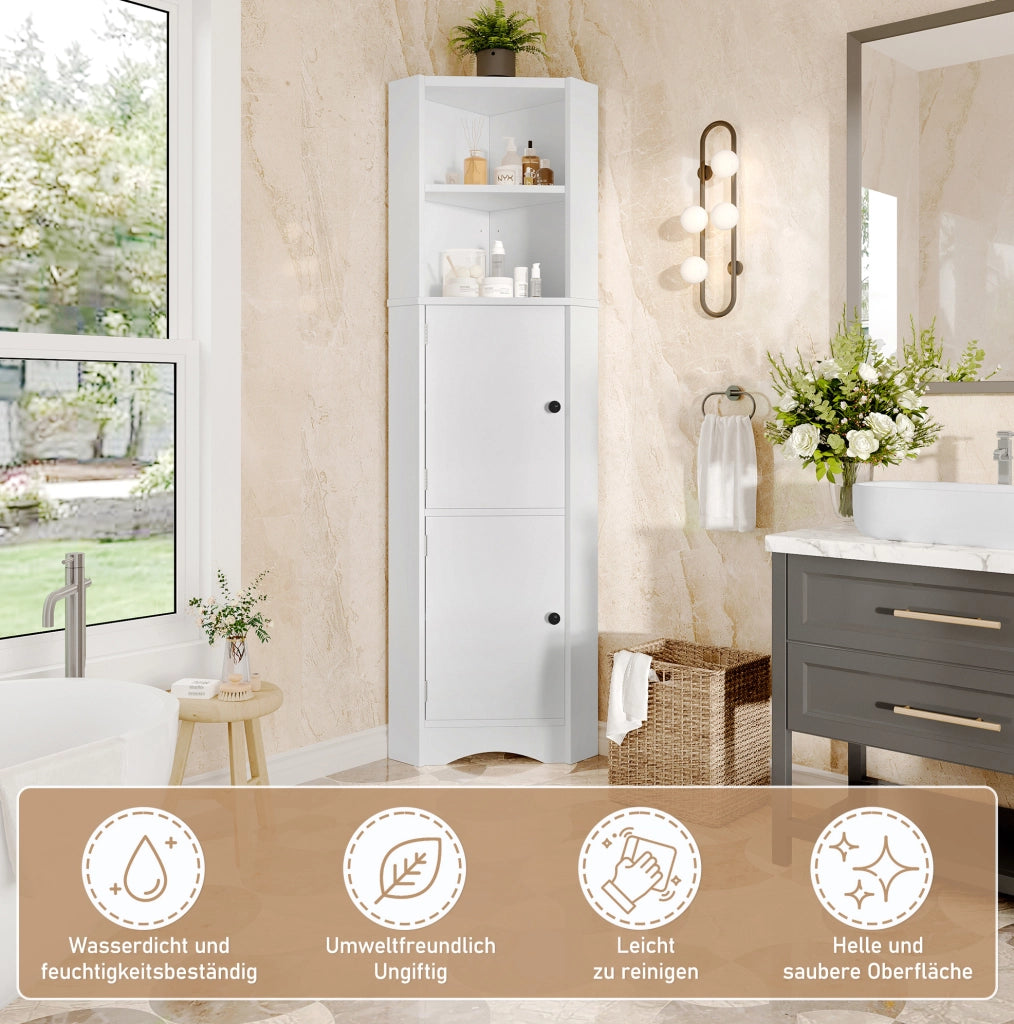 Armadio angolare da bagno triangolare in MDF bianco, 155,4 cm, 2 ante