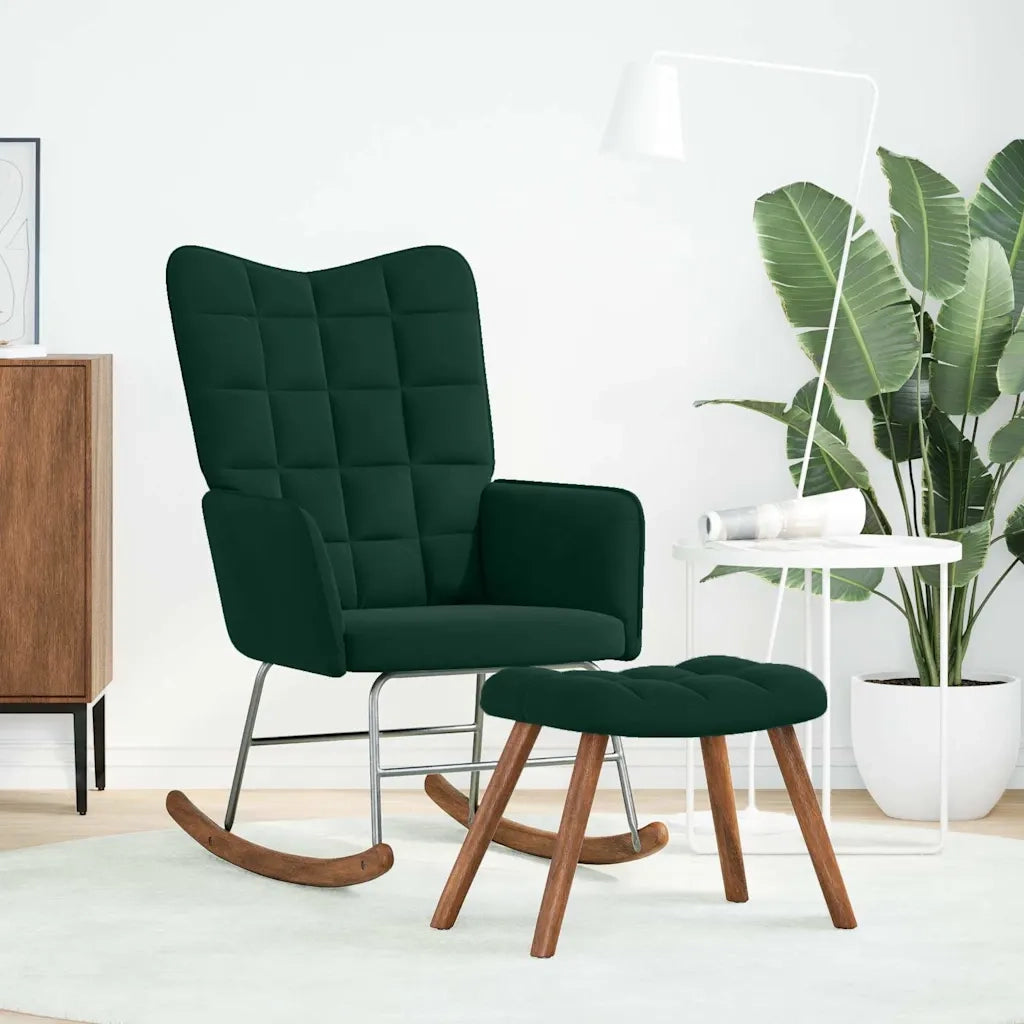 Sedia a dondolo con sgabello in velluto verde scuro CFW9046784