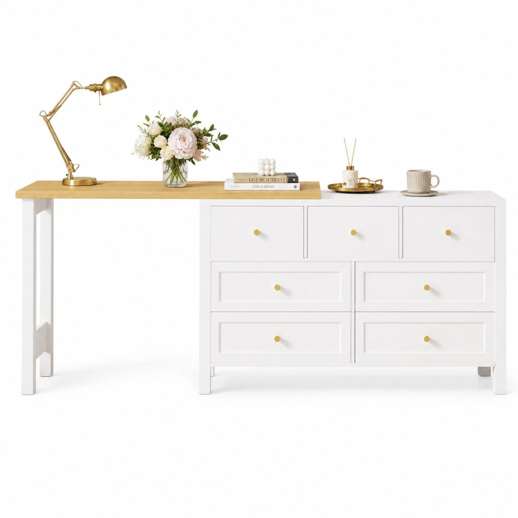Scrivania girevole 2 in 1 con 7 cassetti, effetto quercia bianco/naturale, 120 x 40 x 70 cm