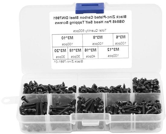 Set di 500 viti a secco M3 con testa a lente e scatola in plastica, maniglia, nero antico - Viti a secco miniature, multifunzionali
