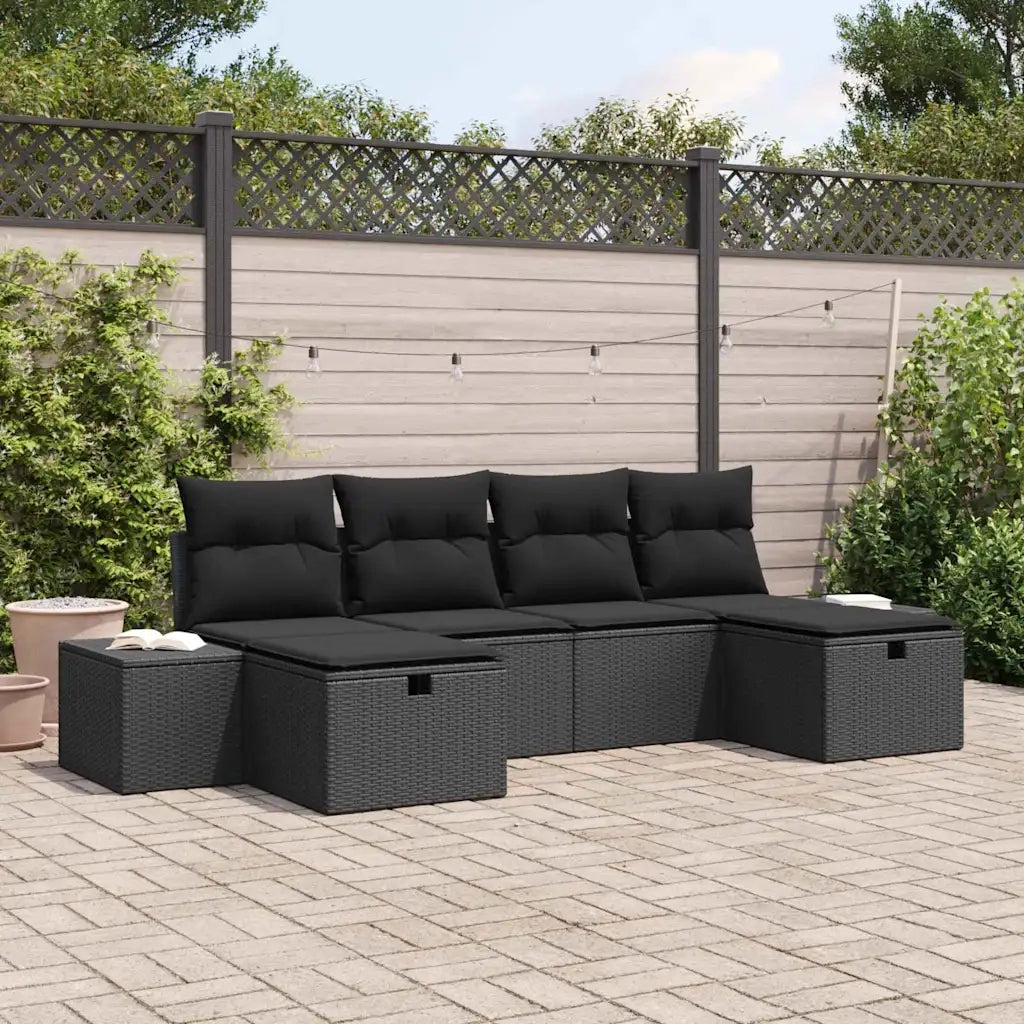 Set Divano da Giardino con cuscino 6 pcs Nero polyrattan