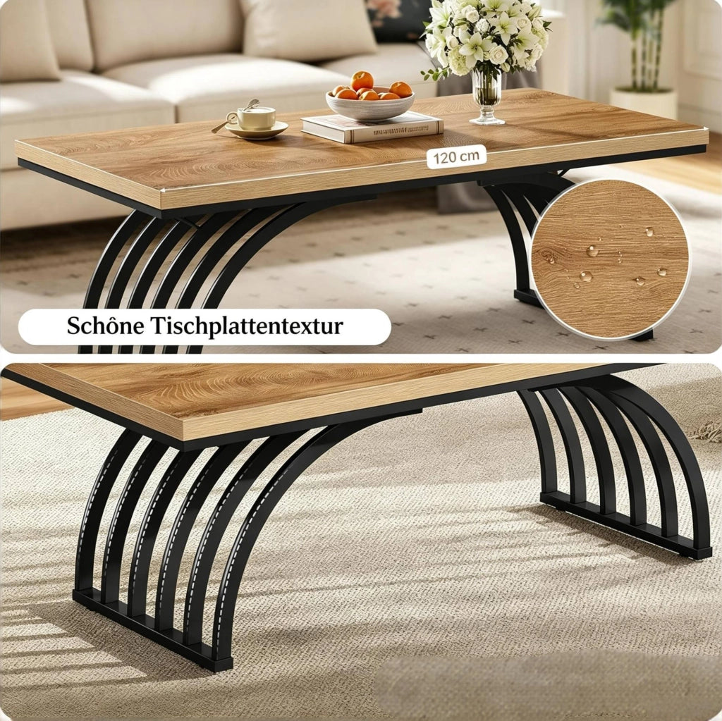 Tavolino da caffè 120 cm con piano in legno e struttura in metallo nero
