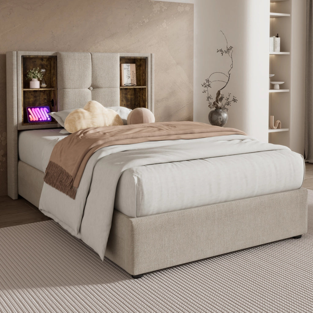 Letto imbottito 90x200 cm con ricarica wireless, USB e ampio contenitore