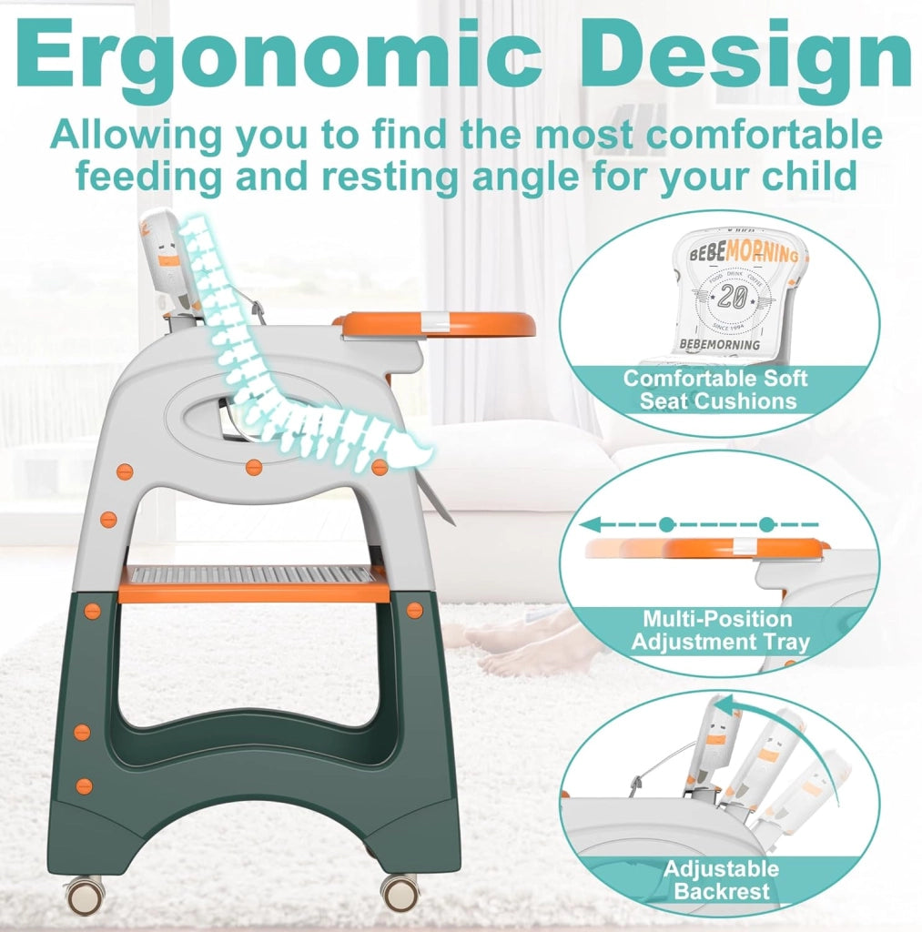 Seggiolone per bambini 6 in 1, sedia da tavolo, schienale regolabile e cintura di sicurezza a 5 punti, seggiolone per bambini a partire dai 6 mesi in su