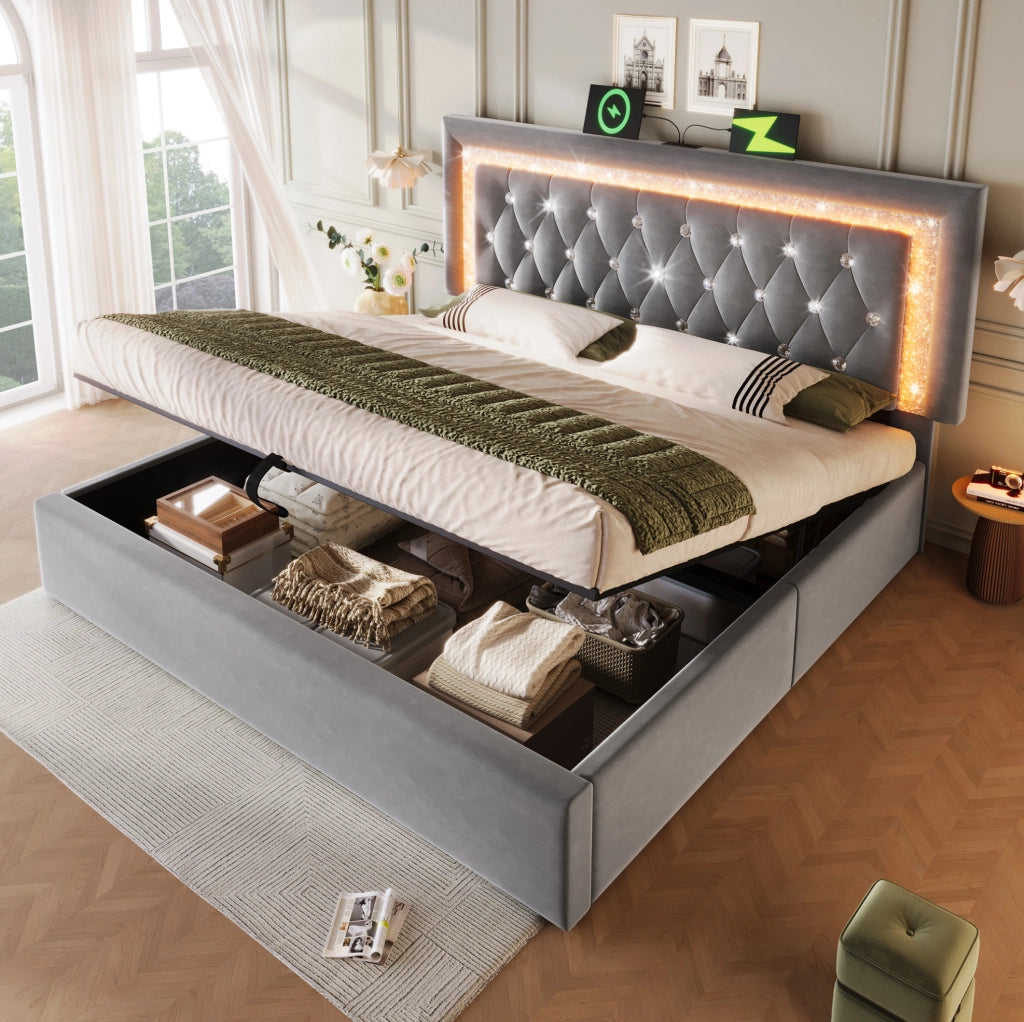 Letto matrimoniale 140x200 cm in velluto grigio con LED integrato; USB e Type-C; contenitore idraulico