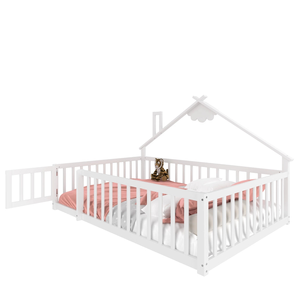 OKWISH Letto a casetta 140×190 cm, Letto Matrimoniale con Sponda 32 cm e Chiusura, senza Materasso, in Pino e MDF, Bianco