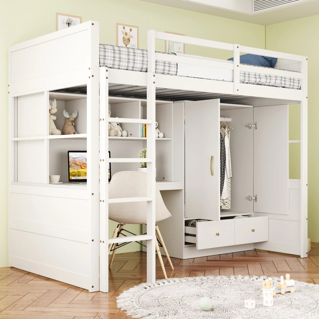 Letto a soppalco 90x200 cm con scrivania; armadio e cassetti in pino; MDF; bianco