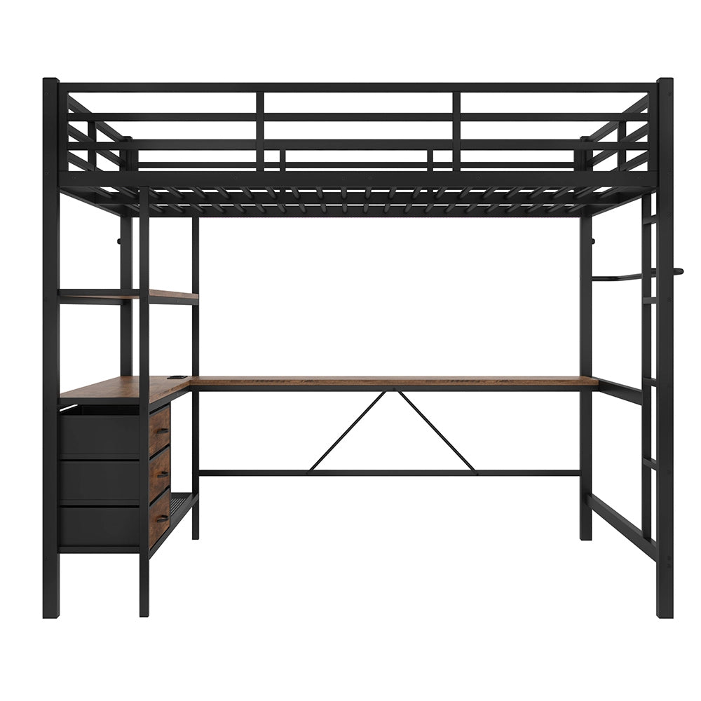 Letto mezzanino 140x200cm - Xylo - nero, LED telecomando, USB, 3 cassetti, EN747