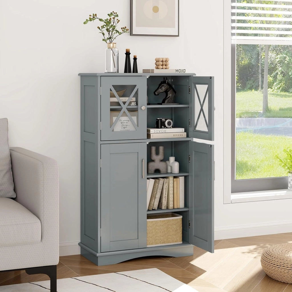 Armadietto da bagno in MDF, armadio indipendente con 4 ante e 3 ripiani regolabili, mobile bagno a pavimento per cucina, ufficio, 60 x 30 x 108 cm (grigio)