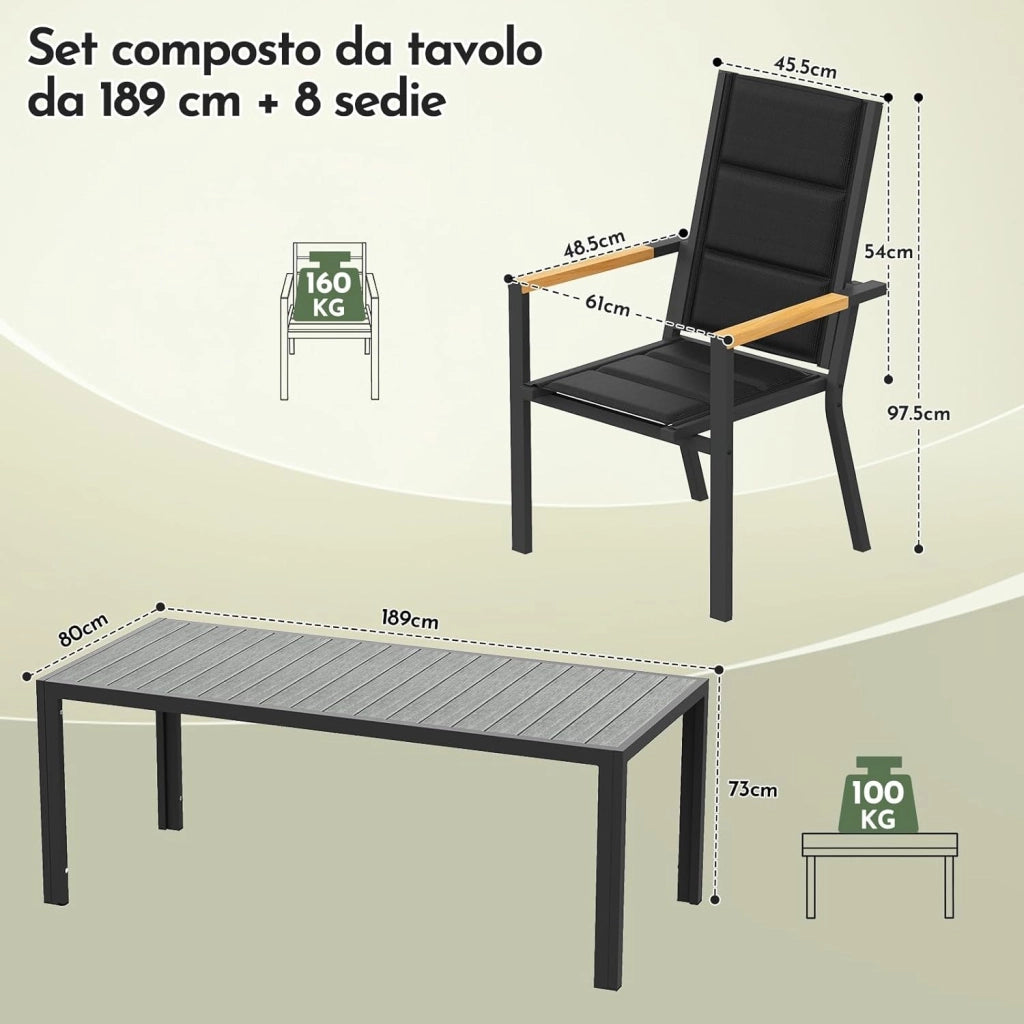 Set di Arredo da Giardino 8 Persone, Set di Tavolo 189 cm Design a Vena di Legno e 8 Sedie Impilabili da Esterno in Alluminio, Ideale per Cortile, Terrazza o Ai Margini della Piscina, Grigio