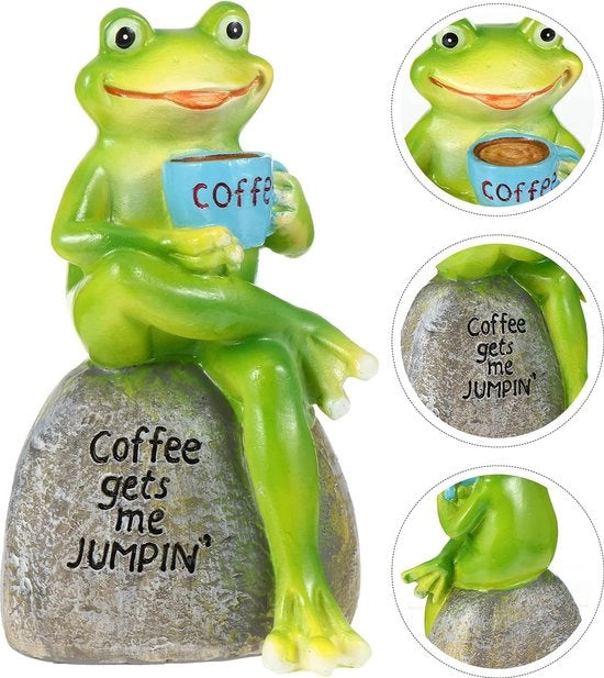 Statua di Rana con Caffè Ornamento di Rana per Giardino Figura Decorativa Decorazione per Piscina Rane e Gnomi per Esterno per Terrazza Festa Compleanno Matrimonio Decorazione di Tavola Decorazione di Primavera